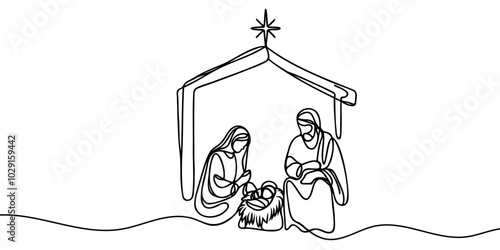 Continuous one line Christmas vector Christian nativity scene of baby Jesus with Mary and Joseph. Bethlehem scene.