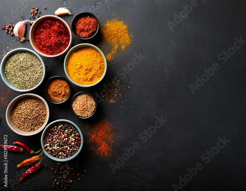 A set of spices and herbs. Indian cuisine. Pepper, salt, paprika, basil, turmeric. On a black wooden chalkboard. Top view. Free copy space.