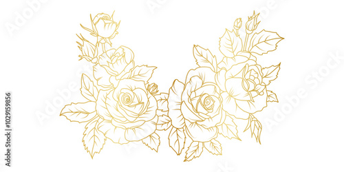 Golden rose flowers line art isolated on white background. Luxury roses floral design elements for invitation, wedding, wallpaper, print template, vector illustration