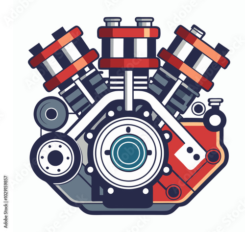 Vector illustration of a highly detailed engine with visible pistons, valves, cylinders, and connecting rods, showcasing technical details for a modern engine look, outline, and icon.