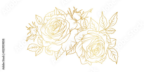 Golden rose flowers line art isolated on white background. Luxury roses floral design elements for invitation, wedding, wallpaper, print template, vector illustration