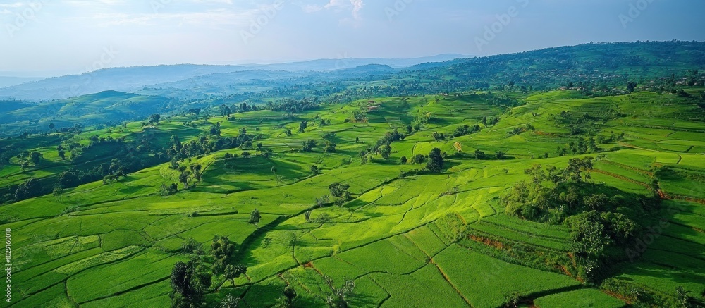 Aerial view of a lush green valley with rolling hills and terraced fields. Aerial view of a lush green valley with rolling hills and terraced fields.