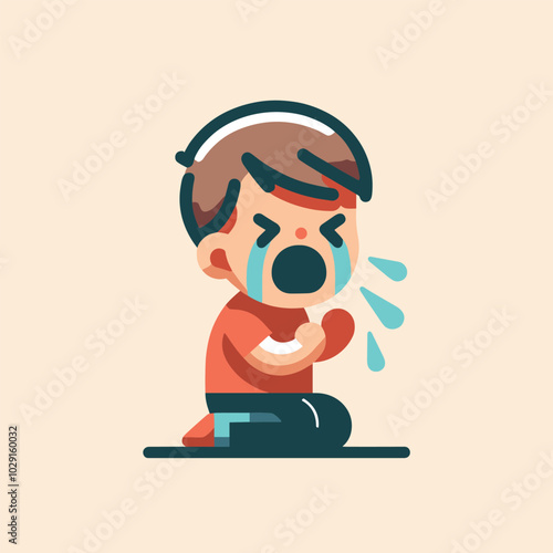 Crying cartoon child on knees  emotional vector illustration of a tantrum