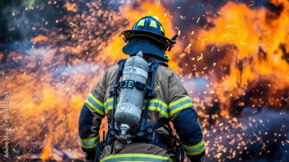 Fototapeta premium Firefighter battling flames, heroic stance amidst blazing fire.