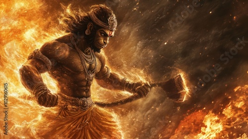 An artistic representation of Lord Hanuman in a warrior stance, holding his gada (mace), with a fiery aura surrounding him, highlighting his courage and might in the face of adversity