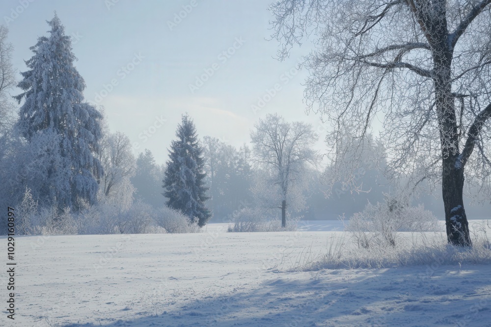 Fototapeta premium A serene winter morning in a snowy landscape with frosted trees and a tranquil atmosphere