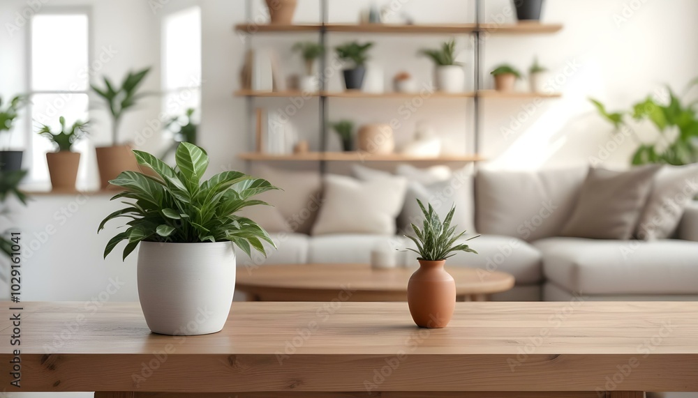 A wooden table in a cozy living room with a potted plant, a vase, and a blurred background of shelves and decor A wooden table in a cozy living room with a potted plant, a vase, and a blurred background of shelves and decor