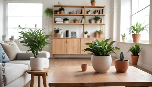 A wooden table in a cozy living room with a potted plant  a vase  and a blurred background of shelves and decor 
