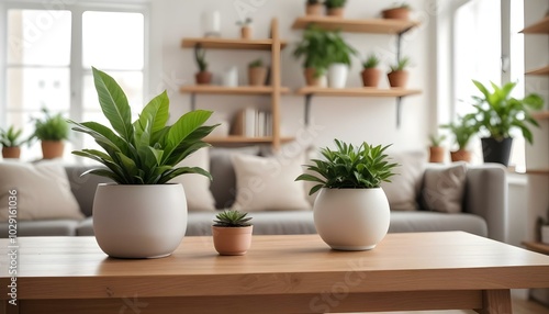 A wooden table in a cozy living room with a potted plant  a vase  and a blurred background of shelves and decor 