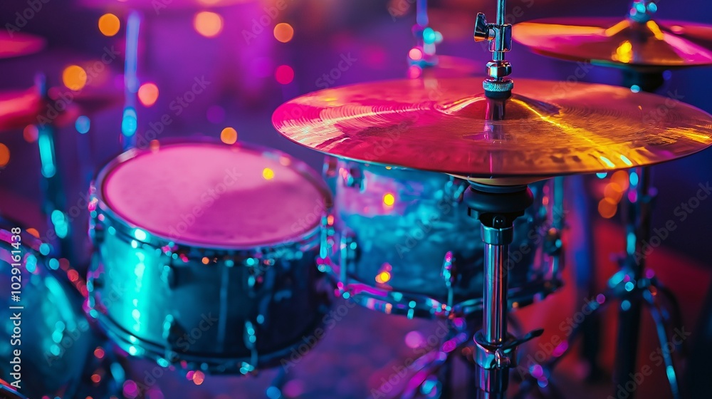Naklejka premium bright red drum set with colorful cymbals