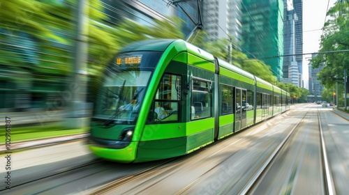 Electric green tram driving in green city downtown, motion blur. Eco friendly sustainable public transport