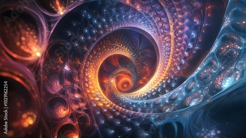 Liminal space filled with glowing organic fractal energy patterns representing the outward expansion of consciousness