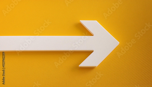 White arrow on yellow background. Pointing to the right side. 3D rendering.