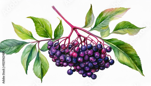 Luscious Elderberries: A Watercolor Delight. Rich purple berries cluster on vibrant green leaves, a breathtaking botanical illustration.