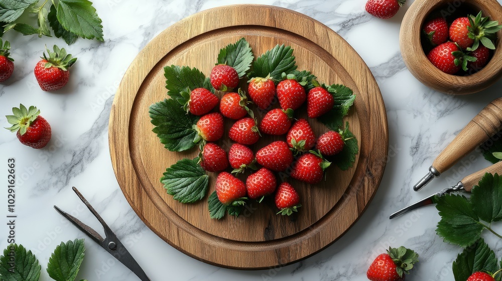 Fresh strawberries and green leaves arranged with baking tools on a circular wooden board in a cake-making class. Fresh strawberries and green leaves arranged with baking tools on a circular wooden board in a cake-making class.