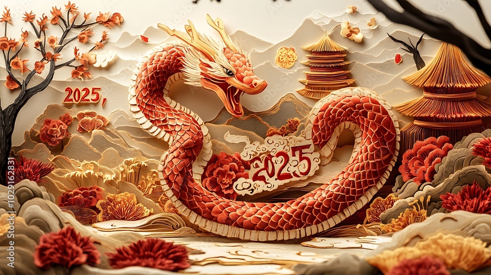 Obraz premium A majestic paper-cut snake coiling around 