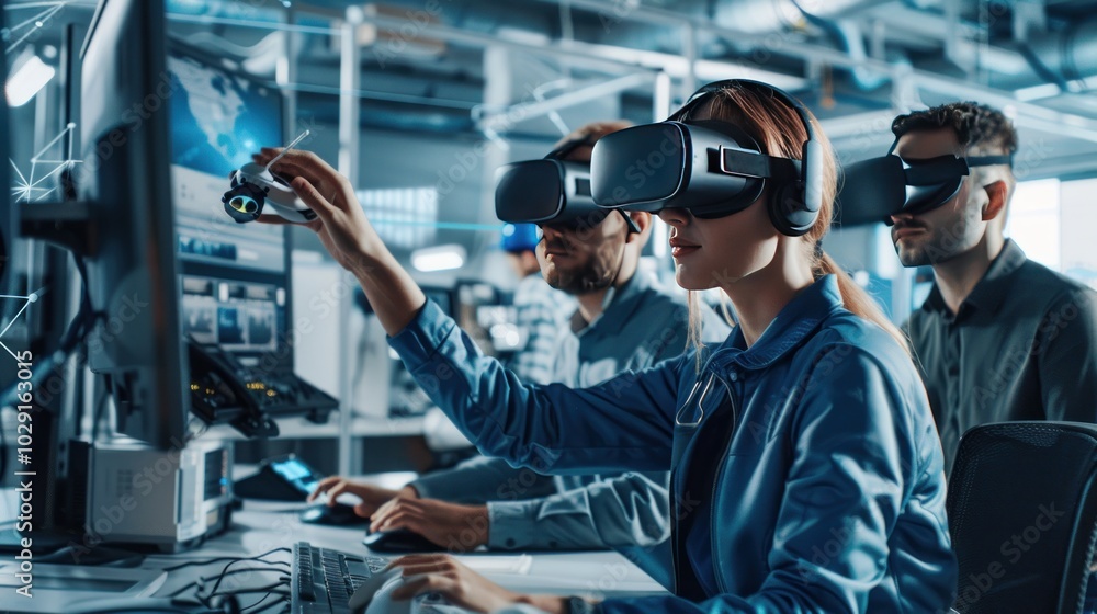 Engineers collaborating on a virtual reality project in a high-tech workspace, demonstrating the integration of VR in modern technology Engineers collaborating on a virtual reality project in a high-tech workspace, demonstrating the integration of VR in modern technology