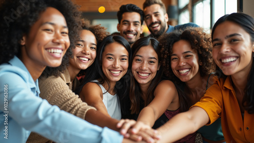 Diverse Friends Celebrating Unity: Joyful Multicultural Group Embracing in Vibrant Setting - Perfect for Inclusivity Campaigns