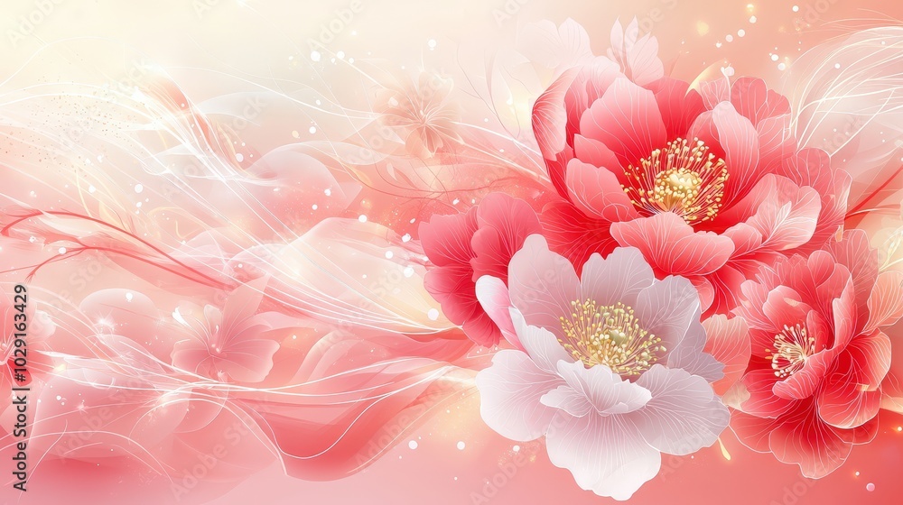 Gold peony flower line art patterns decorate this luxurious ruby background, capturing the elegance of Chinese New Year celebrations. Gold peony flower line art patterns decorate this luxurious ruby background, capturing the elegance of Chinese New Year celebrations.
