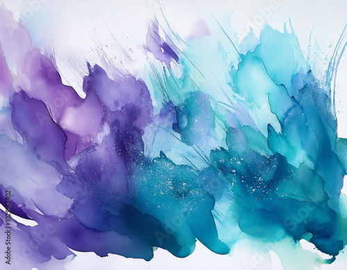 Abstract background. Watercolor splash painted manually blue, pink, lilac tones.Splash waves watercolor. White background and drop. Place for text. Abstract watercolor background painted manually. 