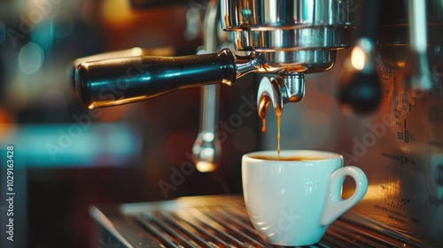 Espresso machine brewing a coffee, close up of coffee pouring into small mug, copy space