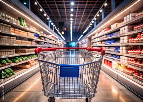 Wallpaper Mural Shopping Cart in Grocery Store with Blue Shelf Lights, High Depth of Field for Vibrant Retail Shopping Experience Torontodigital.ca