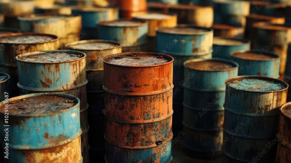 A pile of rusted oil barrels stacked high in an industrial setting A pile of rusted oil barrels stacked high in an industrial setting