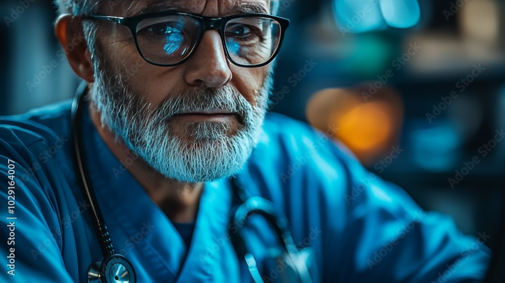 Portrait of a Serious Doctor in Blue Scrubs with a Stethoscope Portrait of a Serious Doctor in Blue Scrubs with a Stethoscope
