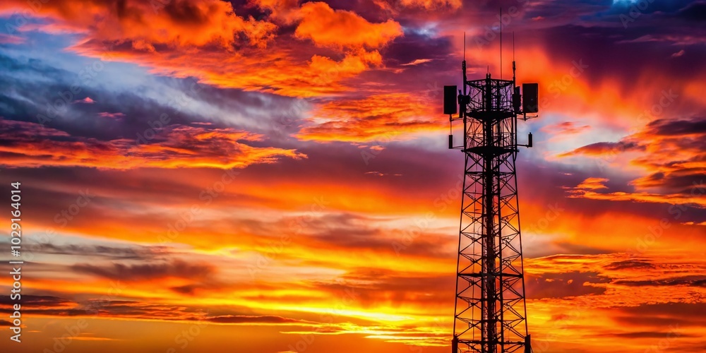 Naklejka premium Silhouetted Cell Tower Against a Vivid Sunset - High Depth of Field Photography
