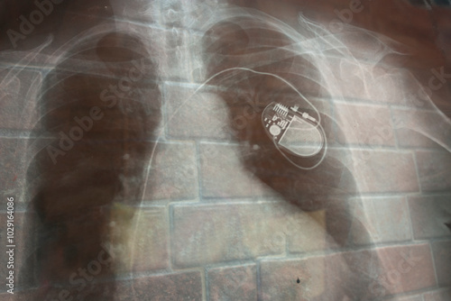 Chest X-ray revealing implanted cardiac pacemaker