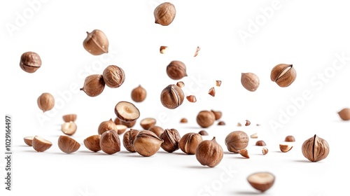 Falling macadamia nuts isolated on white background