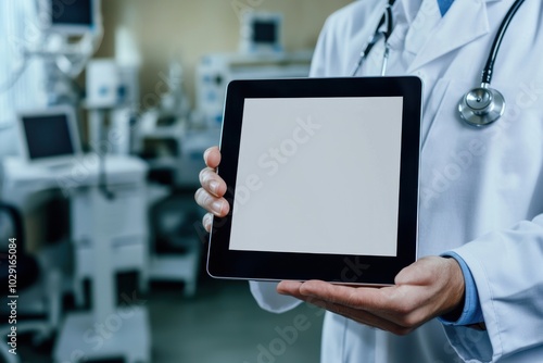 A healthcare professional in a lab coat holds a blank tablet, suggesting the use of technology in medical settings.