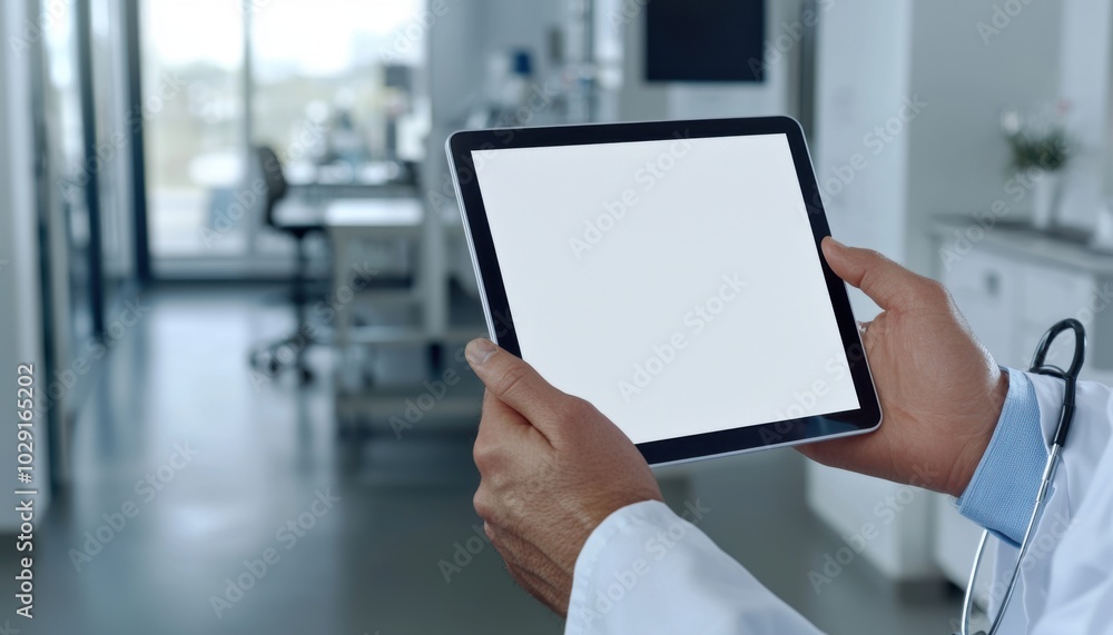 A healthcare professional holds a blank tablet in a modern medical facility, symbolizing digital health solutions. A healthcare professional holds a blank tablet in a modern medical facility, symbolizing digital health solutions.