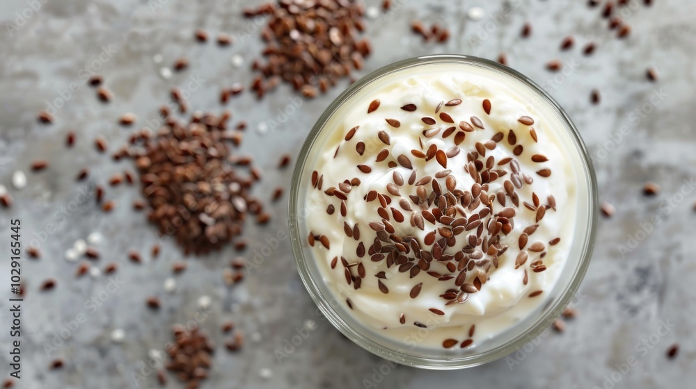 Flax seeds in yogurt, top view background Flax seeds in yogurt, top view background