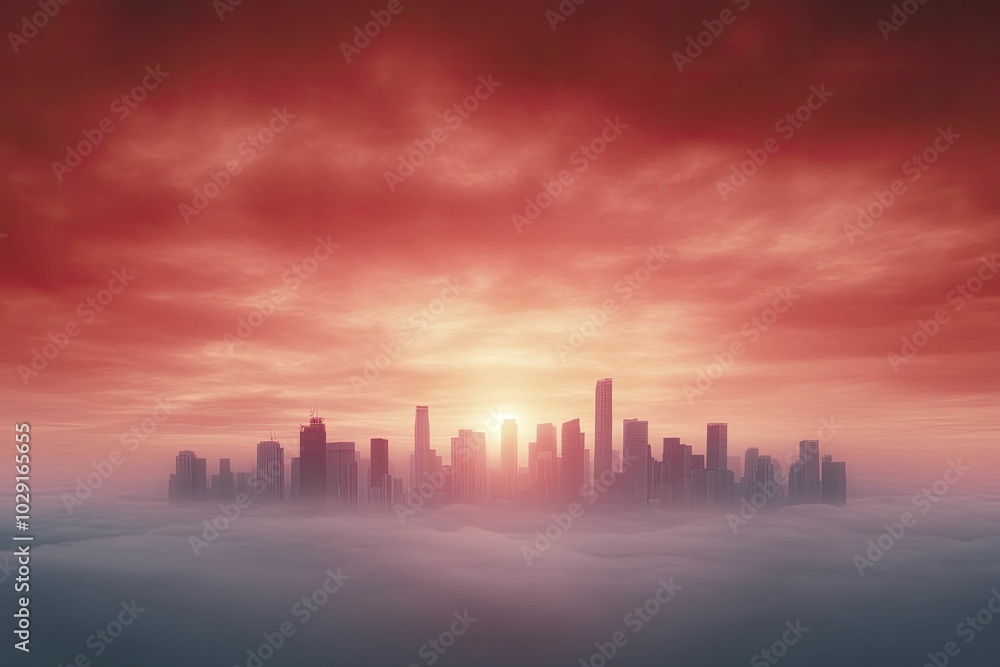 A city skyline dimly illuminated beneath a crimson sky, evoking a sense of financial turmoil, with striking shadows dancing across the buildings.