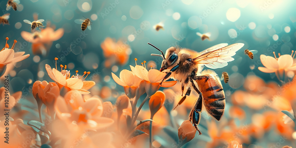 Tiny flowers and friendly bees against a blurred background Tiny flowers and friendly bees against a blurred background