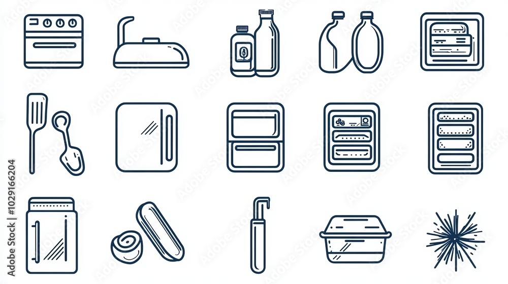 A vector line icon set featuring fridge and freezer-related symbols. The collection includes icons for freezing and refrigeration, highlighting elements such as a refrigerator, defrosting A vector line icon set featuring fridge and freezer-related symbols. The collection includes icons for freezing and refrigeration, highlighting elements such as a refrigerator, defrosting
