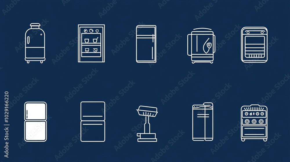 A vector line icon set featuring fridge and freezer-related symbols. The collection includes icons for freezing and refrigeration, highlighting elements such as a refrigerator, defrosting A vector line icon set featuring fridge and freezer-related symbols. The collection includes icons for freezing and refrigeration, highlighting elements such as a refrigerator, defrosting