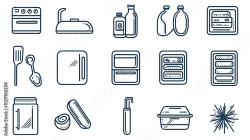 A vector line icon set featuring fridge and freezer-related symbols. The collection includes icons for freezing and refrigeration, highlighting elements such as a refrigerator, defrosting