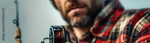 Man with fishing reel, white background, angling equipment photo