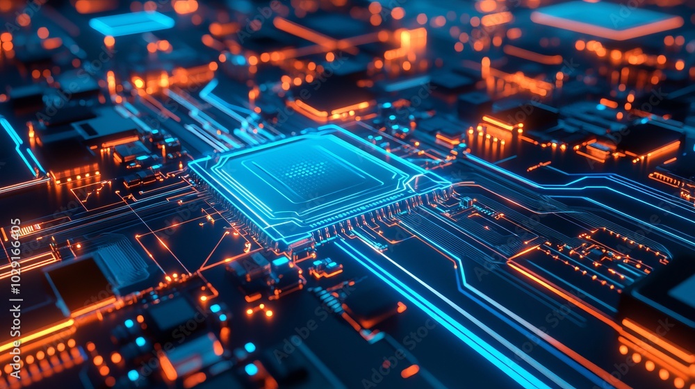 A futuristic image of a glowing circuit board with blue lines connecting high-tech components. It looks like a computer motherboard, showcasing the intricate workings of technology. A futuristic image of a glowing circuit board with blue lines connecting high-tech components. It looks like a computer motherboard, showcasing the intricate workings of technology.