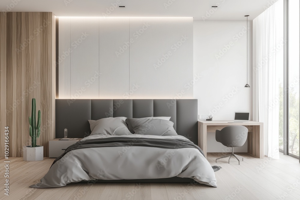 A sleek and minimalist bedroom design with neutral tones and natural lighting. A sleek and minimalist bedroom design with neutral tones and natural lighting.