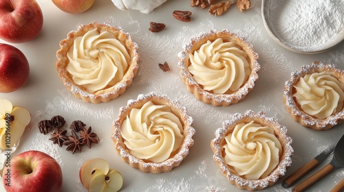 Neatly arranged apple tarts, baking tools, and fabric decorations, creating a modern, clean aesthetic in a workshop setting.