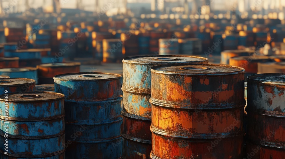 A pile of rusted oil barrels stacked high in an industrial setting A pile of rusted oil barrels stacked high in an industrial setting