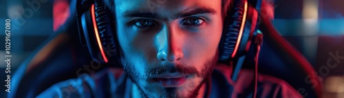 Man with gaming headset, white background, video game accessory