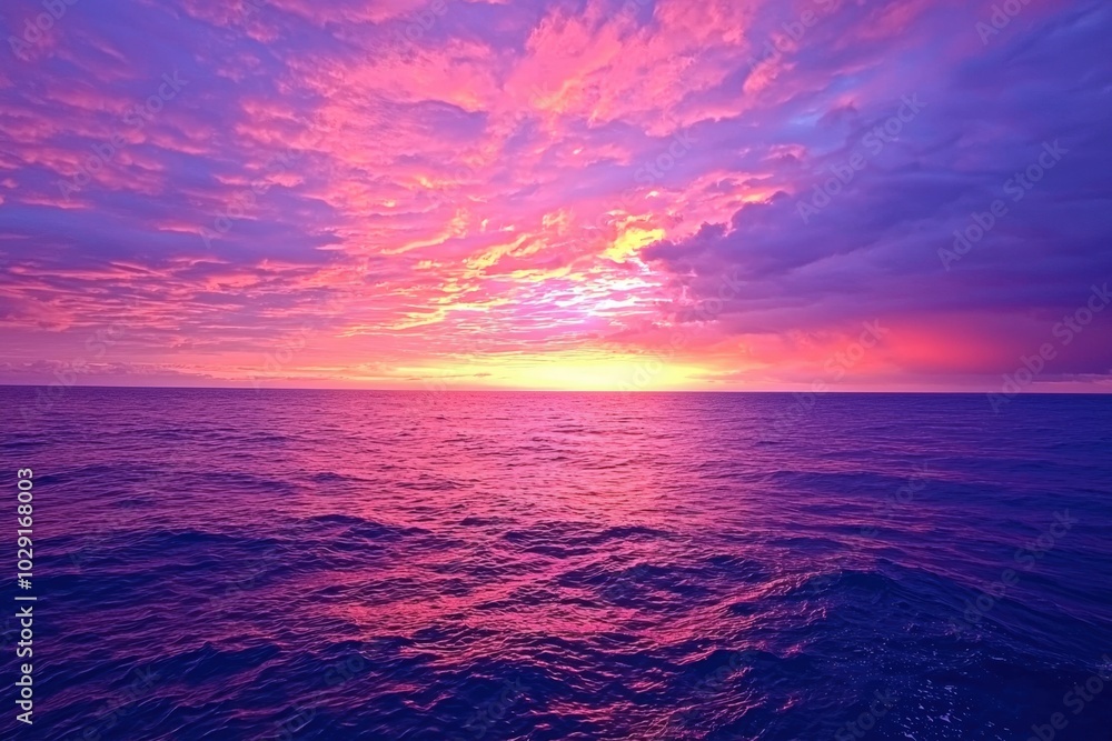 Naklejka premium Breathtaking sunset over tranquil ocean waves paints the sky in hues of purple and orange