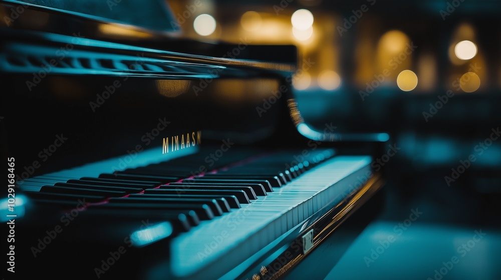 grand piano with a glossy black finish, close up grand piano with a glossy black finish, close up