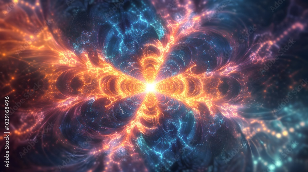 Organic glowing fractal energy expanding outward through a liminal space symbolizing the dream of reality Organic glowing fractal energy expanding outward through a liminal space symbolizing the dream of reality