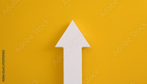 White arrow on yellow background. Pointing upwards. 3D rendering.