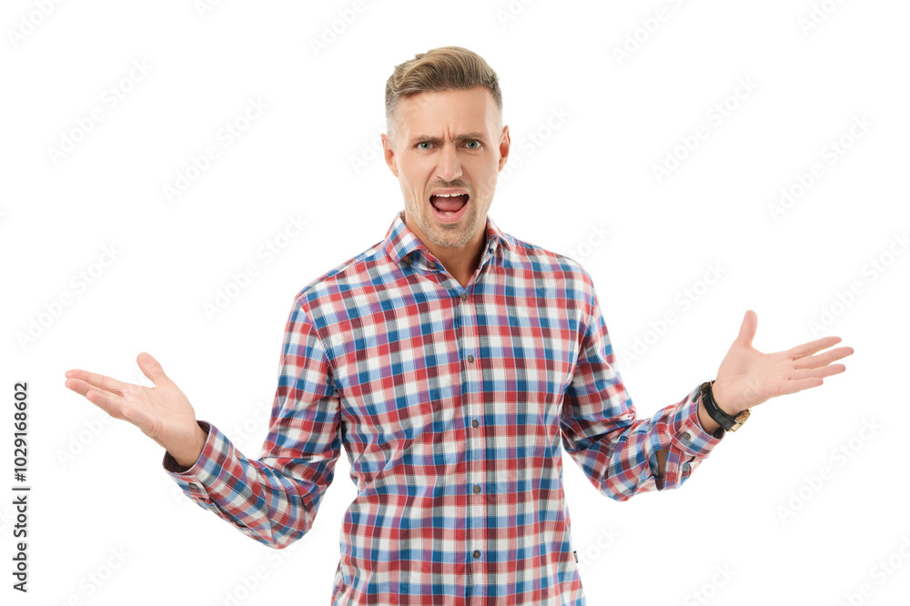 Expressing anger and shouting. Angry mature man isolated on white. Anger of angry man in checkered shirt. Shouting with anger. Angry man portrait Expressing anger and shouting. Angry mature man isolated on white. Anger of angry man in checkered shirt. Shouting with anger. Angry man portrait